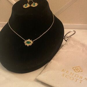 Kendra Scott Gold Necklace & Earring set with Green Stone